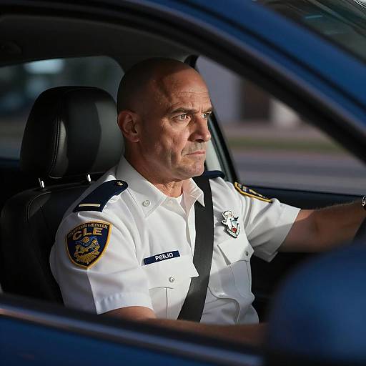 Serious Officer in a Patrol Car