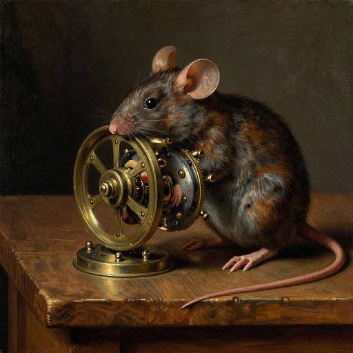 Photorealistic painting of a brown and black mouse with pink ears and tail, holding a brass mechanical gear on a wooden table. Dark background.