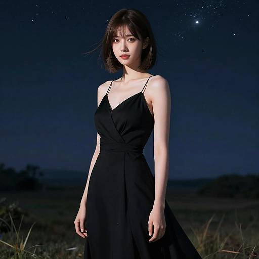 Photograph of an Asian woman with short black hair, wearing a black sleeveless dress, standing against a dark, starry night sky.