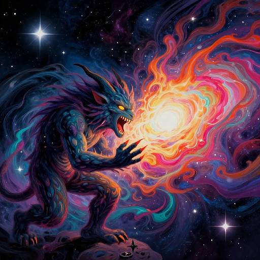 Digital art of a fierce, blue, wolf-like creature with glowing yellow eyes, roaring, and conjuring a vibrant, fiery orb in a starry