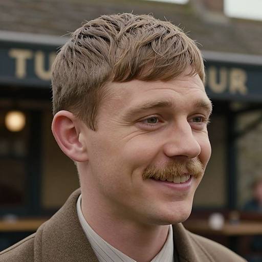 Photograph of a smiling Caucasian man with light brown hair and a mustache, wearing a brown coat, in front of a blurred pub sign.