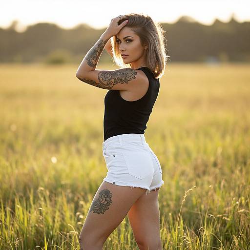 Photograph of a tattooed woman with light brown hair in a black sleeveless top and white high-waisted shorts, standing in a sunlit