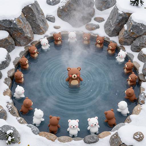 CGI image of a hot spring surrounded by snow, featuring 15 brown and white teddy bear figures, with one central brown bear emitting steam.