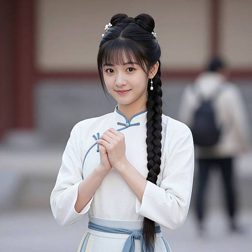 Photograph of an East Asian woman with long black braided hair, wearing a white traditional Korean hanbok, standing outdoors, hands clasped,