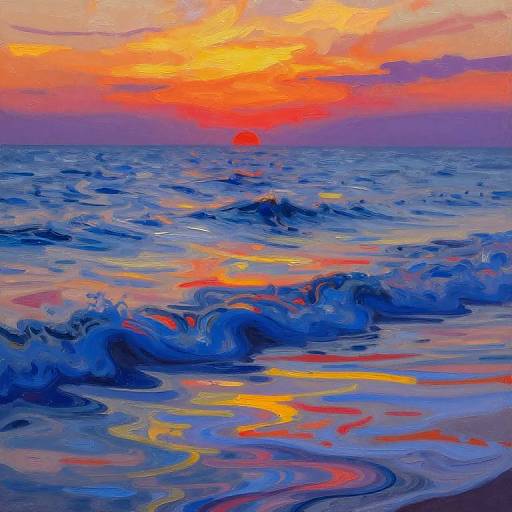 Digital painting of a vibrant sunset over a colorful ocean, with red, orange, and yellow hues reflecting on blue waves.
