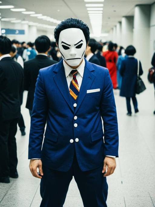 Man in Blue Suit Wearing White Mask at Convention