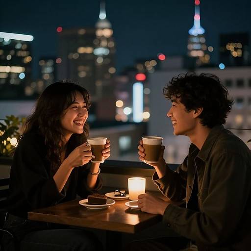 Photograph of a smiling couple with curly hair, sitting at a rooftop table, holding coffee cups, illuminated by a candle, against a nighttime cityscape