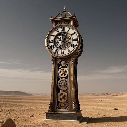 Photograph of an ornate, vintage-style clock with gears on a desert landscape, clear blue sky, and distant mountains in the background.