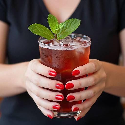 Bright Red Nails Holding Iced Tea