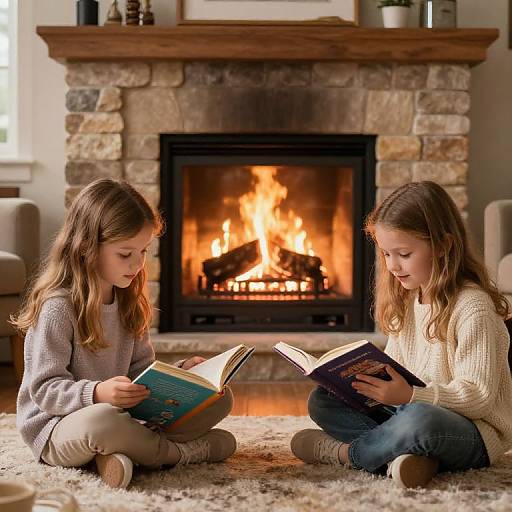 Photograph of two young girls with long brown hair, sitting on a white rug in front of a lit stone fireplace, reading books, wearing cozy swe