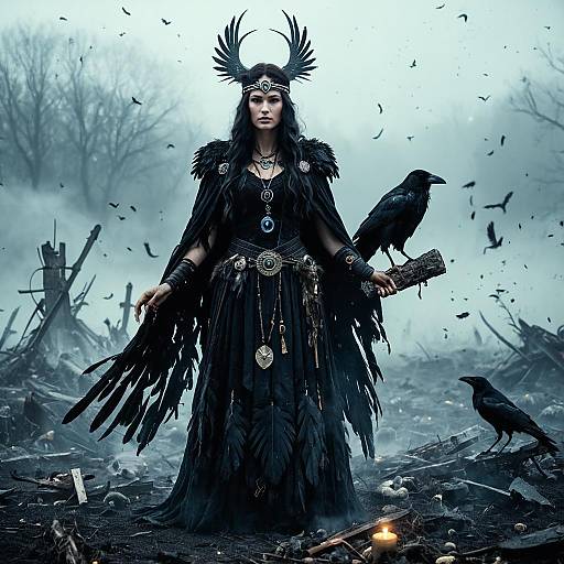 Hecate Goddess of Magic in Dark Feathered Attire