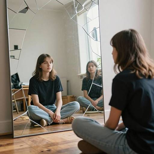 Photograph: Young woman with brown hair sits cross-legged in front of a shattered mirror reflecting her contemplative expression in a bright, wooden-floored