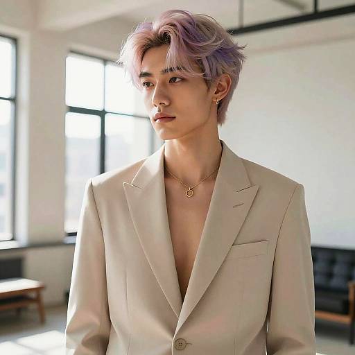 Photograph of an androgynous young man with light purple hair wearing a beige blazer, gold necklace, and no shirt, standing in a