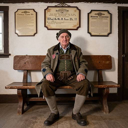 Photograph of an elderly white man in traditional Bavarian attire, sitting on a wooden bench against a wall with two framed certificates.
