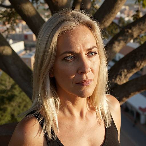 Photograph of a blonde woman with fair skin and blue eyes, wearing a black tank top, standing outdoors with sunlight and tree branches in the background,