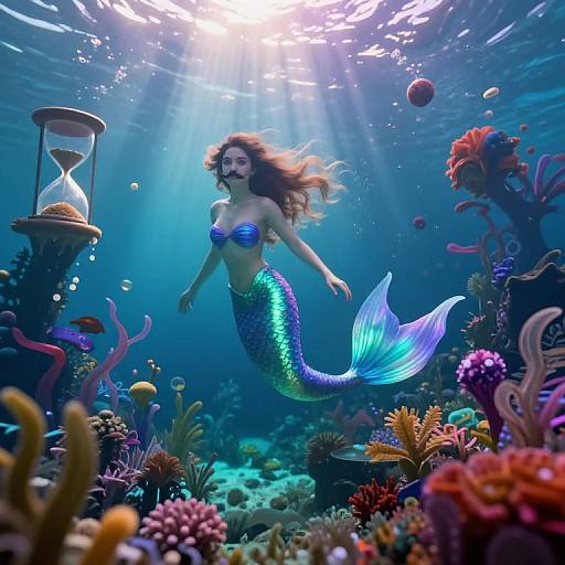 Digital art of a blue and green mermaid with flowing hair, surrounded by vibrant coral reefs and sunlit underwater scene.