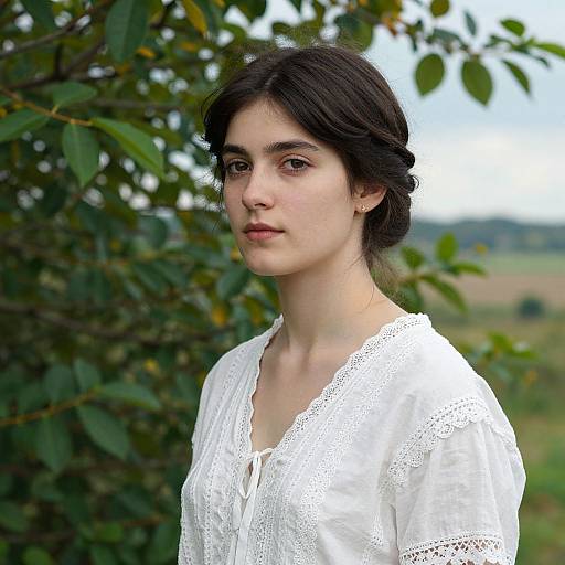Photograph of a young woman with fair skin and dark hair in a loose bun, wearing a white lace blouse, standing outdoors against a lush green leaf