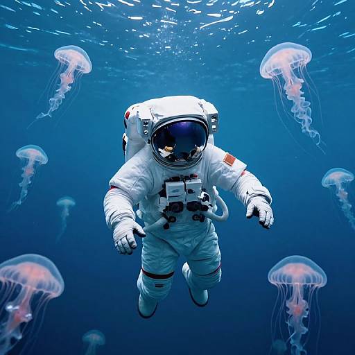 Photograph of an astronaut in a white spacesuit floating underwater, surrounded by glowing jellyfish with pink and white translucent bodies.