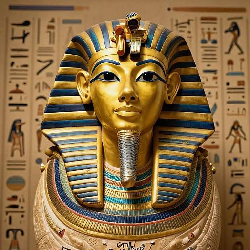 Photograph of a golden Anubis mask with blue and gold striped headdress, adorned with a small golden figure on the forehead, set against an