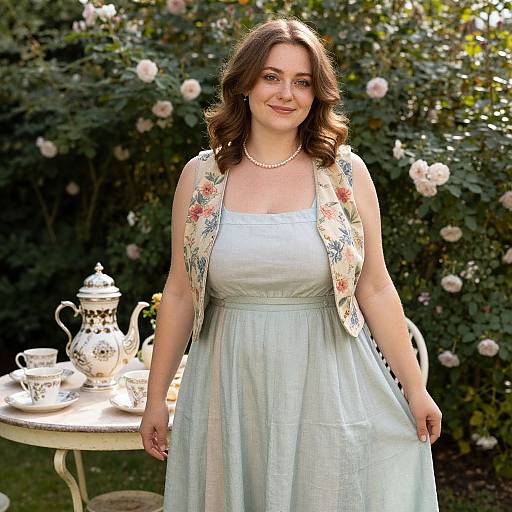Photograph of a smiling woman with wavy brown hair, wearing a floral sleeveless vest over a light blue, satin dress, standing in a garden