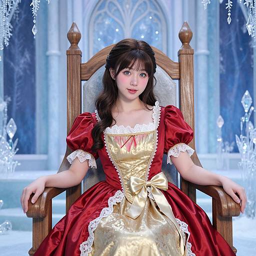 Photograph of a young woman with fair skin, brown hair, and blue eyes, wearing a red and gold Victorian-style dress with lace trim, seated