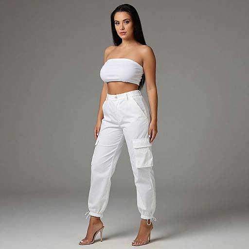 Photograph of a confident woman with long black hair, wearing a white strapless crop top and high-waisted white pants with pockets, standing in