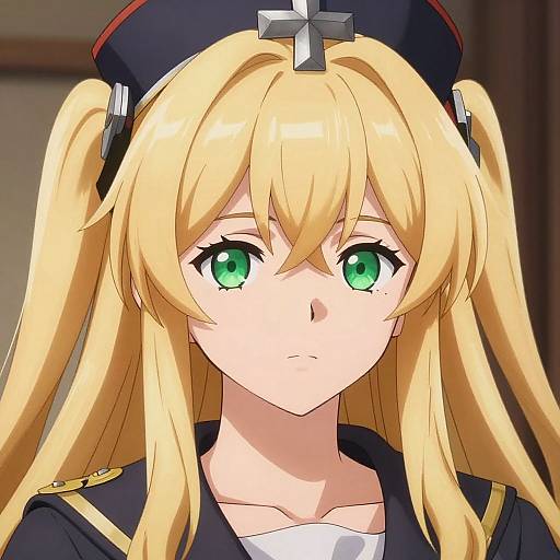 Digital anime-style portrait of a blonde girl with green eyes, wearing a navy cap with a cross, and a dark uniform with gold trim. Background is