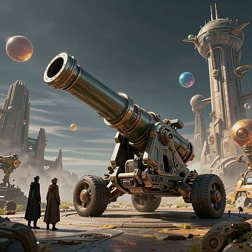 Digital art: Steampunk sci-fi scene with massive, metallic cannon in foreground, two cloaked figures, futuristic towers, colorful floating planets, and