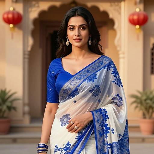 Photograph of an Indian woman with long black hair, wearing a blue and white floral sari, standing in front of a traditional building with red lantern