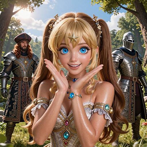 Digital fantasy artwork of a blonde fairy princess with blue eyes, adorned in elaborate jewelry, hands raised, surrounded by armored knights in a sunlit forest.