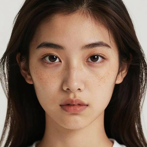 Photograph of a young Asian woman with fair skin, long black hair, brown eyes, and light freckles, gazing directly at the camera