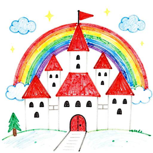 Colorful children's drawing of a red-roofed castle with multiple towers under a vibrant rainbow, surrounded by fluffy clouds and a small green tree.