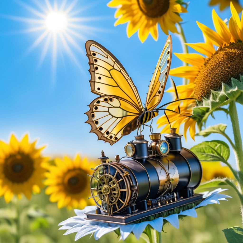 Delicate Butterfly on Sunflower in Steampunk Style