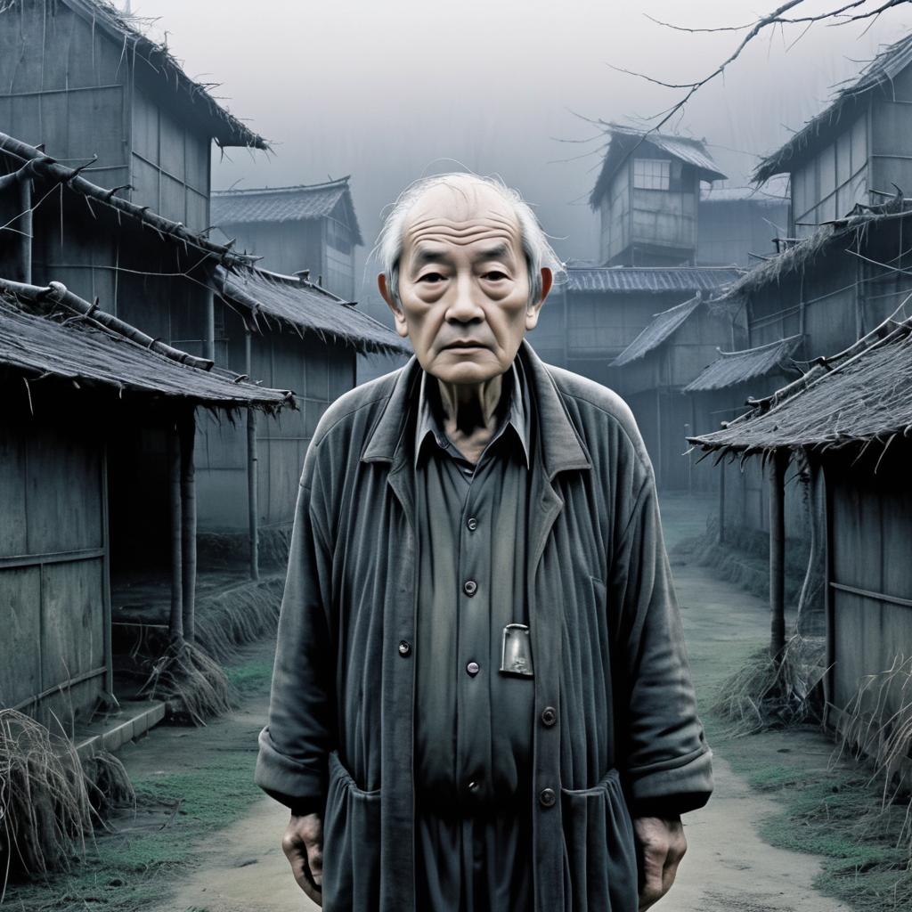 Eerie Elderly Man in Misty Village