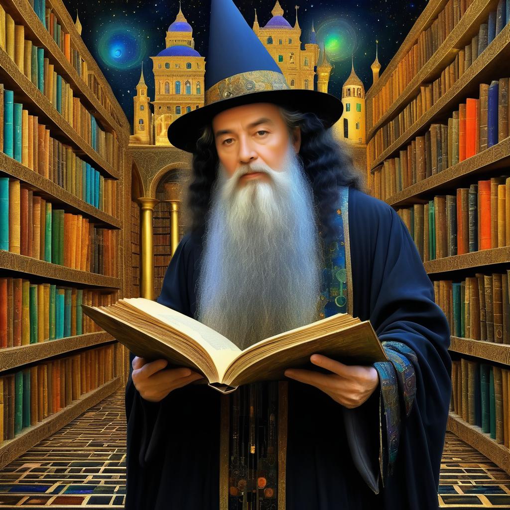 Elegant Old Wizard in Ancient Library