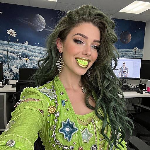 Photograph of a woman with long green hair, neon yellow lipstick, and star-patterned lime green dress, smiling in an office with space-themed wall