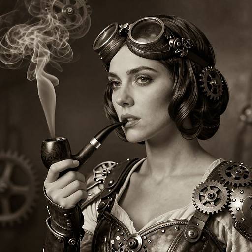 Black-and-white photograph of a steampunk woman with short, curly hair, goggles, gears, and a pipe, smoking, with gears in the