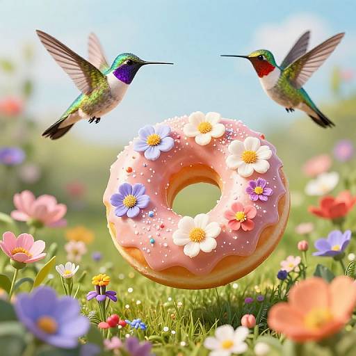 Whimsical Floating Donuts and Hummingbirds