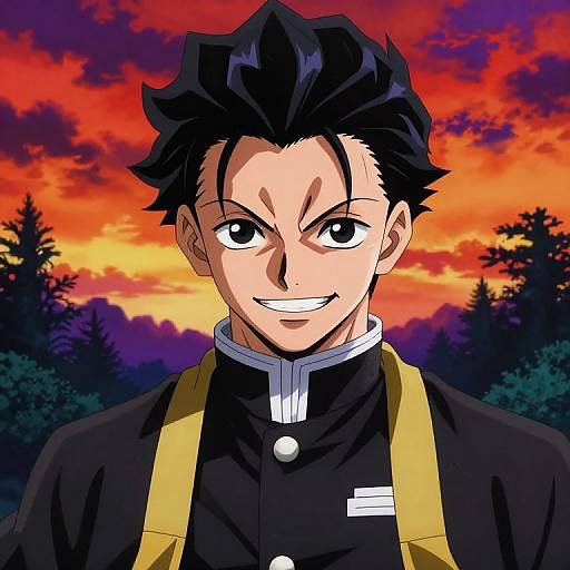 Digital anime-style portrait of a smiling young man with black spiky hair, wearing a black school uniform with yellow straps, against a vibrant orange and purple