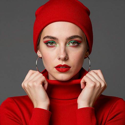 Woman in Red Turtleneck and Hat with Bold Makeup