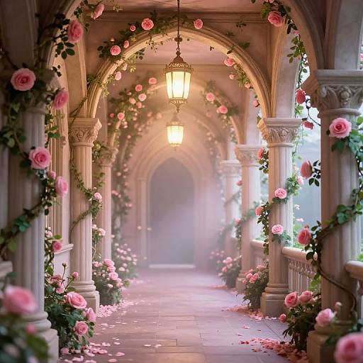 Photograph-like digital artwork of a romantic, rose-adorned, arched walkway with glowing lanterns, pink petals, and soft, eth