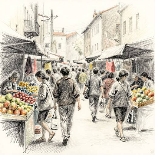 Dynamic Sketch of Bustling Market
