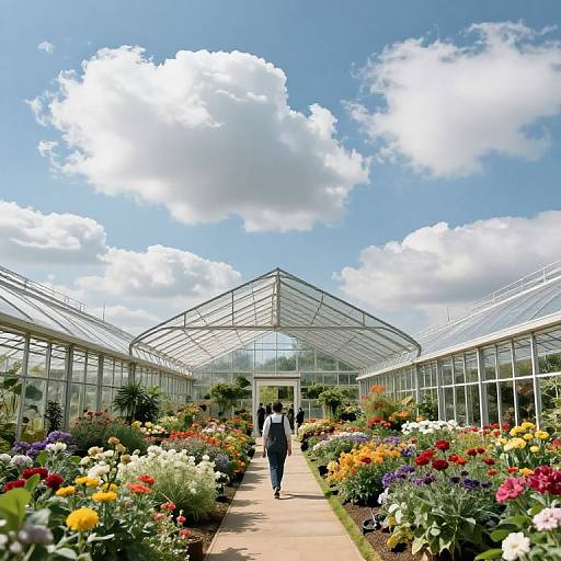 Photograph of a vibrant greenhouse with two people walking down a flower-lined path, under a bright blue sky with fluffy clouds.