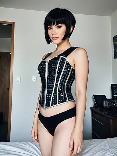 Woman in Sci-Fi Faux Leather Corset and Black Briefs