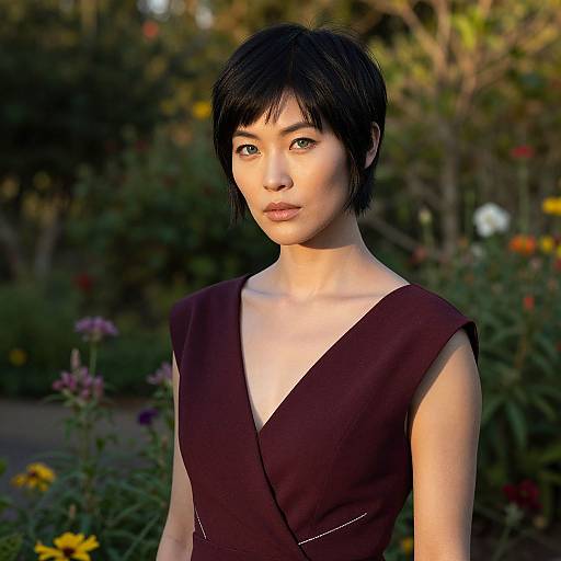 Photograph of an Asian woman with short black hair, wearing a sleeveless dark purple dress, standing in a sunlit garden.