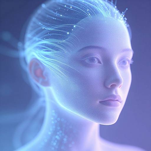 Digital CGI image of a glowing blue, translucent woman with illuminated hair strands, featuring a serene expression and ethereal light effects.