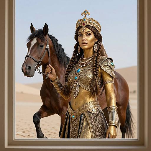 Photograph of a golden-armored Indian woman with braided hair and turquoise gems, standing beside a brown horse in a desert, framed by a window