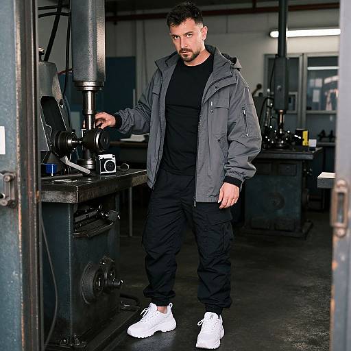 Photograph of a bearded man with short black hair, wearing a gray jacket, black shirt, black pants, and white sneakers, standing in a