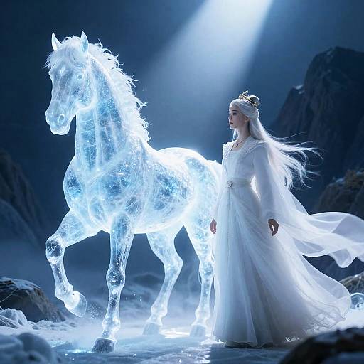 Mystical Ice Horse and Princess in Fantasy Landscape