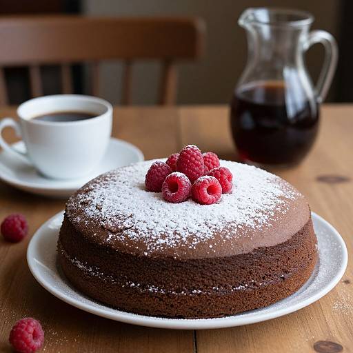 Photograph of a dusted chocolate cake with raspberries on a white plate, next to a cup of coffee and a glass pitcher of tea on a